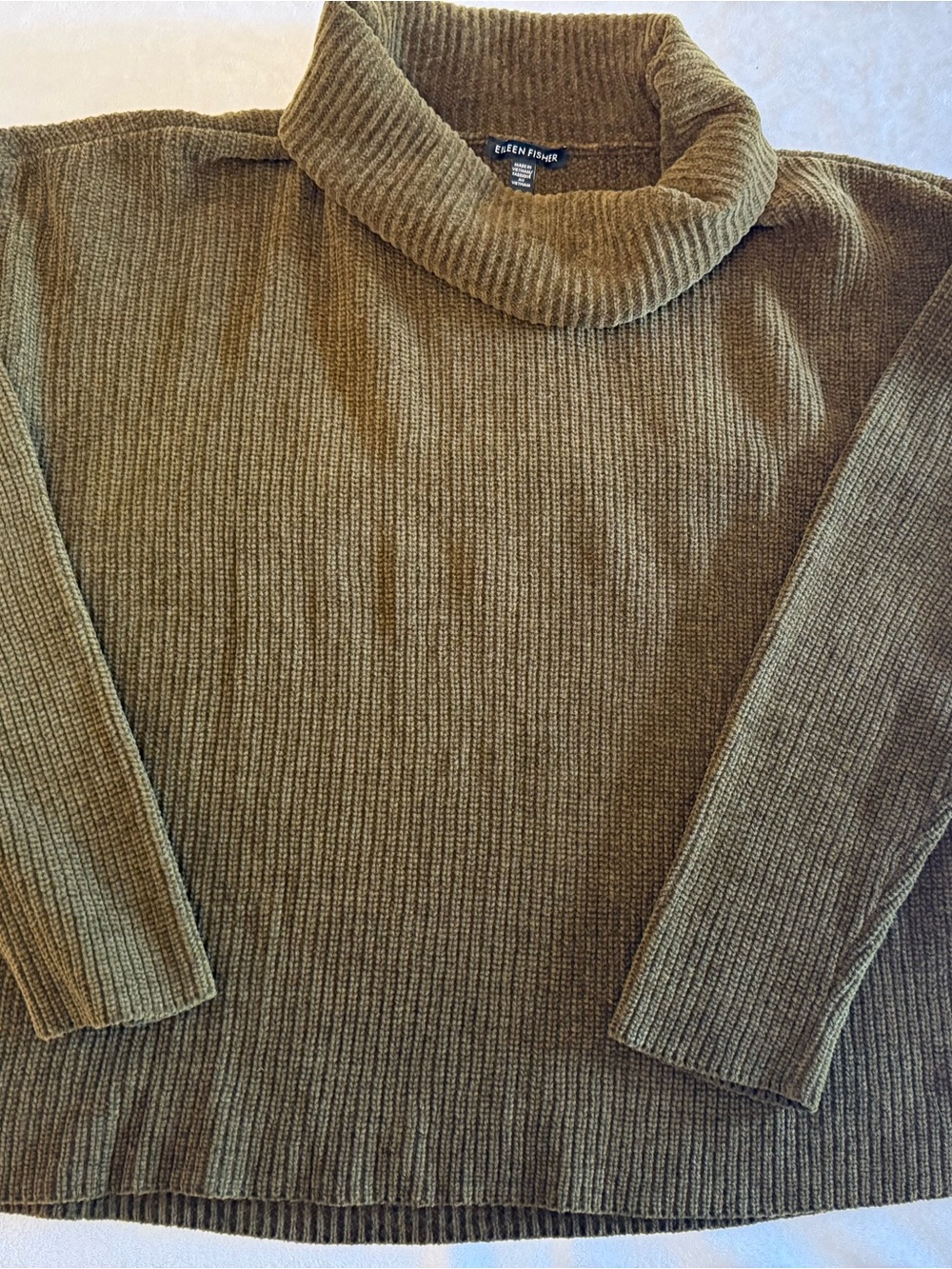 Eileen Fisher Ribbed Funnel Neck Sweater in Olive Brown